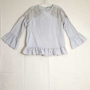 Zara M Tan Embroidered Cotton Ruffle Blouse Size Medium